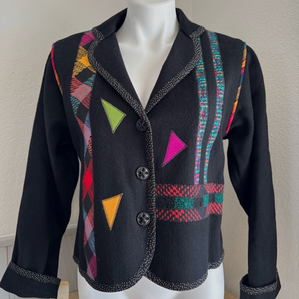 NWT Medium Lynn Murray Vintage Wool Black Colorful Patchwork Jacket 80’s Vives